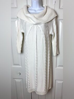 BOSTON PROPER Cable Knit Sweater Dress Ivory Cream Cowl Neck Pullover